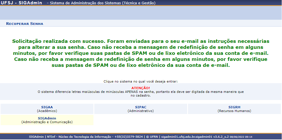 Mensagem de confirmação da solicitação de recuperação de senha