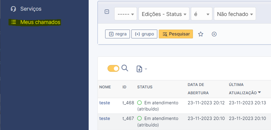 Tela de acompanhamento de requisições